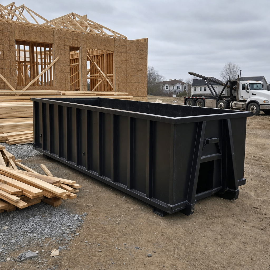 Matte-black 40-yard roll-off dumpster staged on a framed-out residential construction site in Newburgh, framing lumber stacked nearby, hooklift delivery truck visible in the background under bright Colorado daylight
