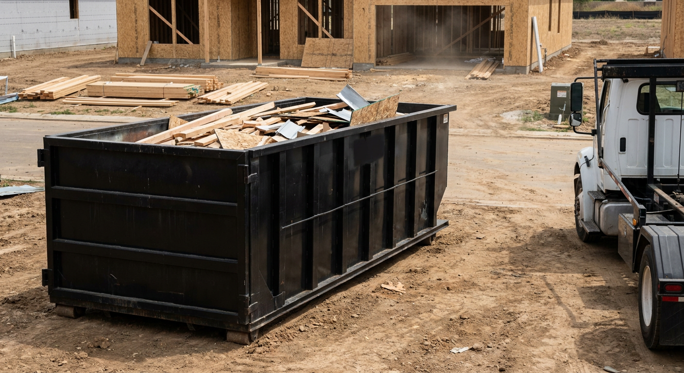 Matte-black 20-yard roll-off construction dumpster with heavy ribbed steel sidewalls and swing rear doors at a working jobsite in Newburgh, sitting directly on compacted dirt with an unmarked white hauler partially visible at the far edge of the frame.