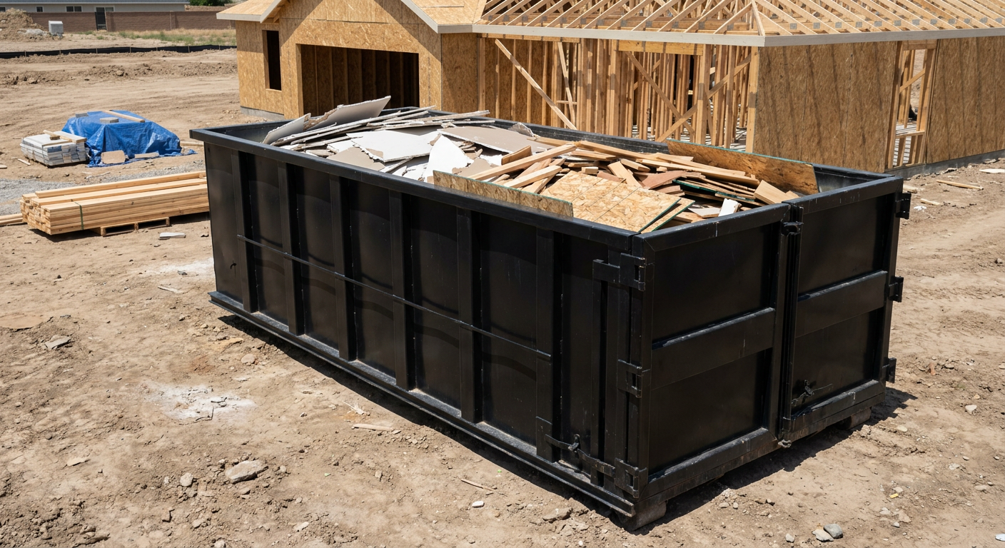 Matte-black 30-yard roll-off construction dumpster sitting directly on the compacted-dirt site of a framed single-family home build in Newburgh, drywall and lumber scrap loaded inside.