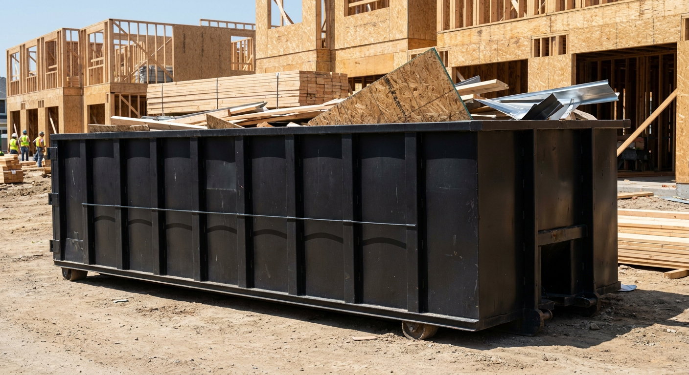 Matte-black 40-yard roll-off construction dumpster being lowered from a white-cab hooklift delivery truck onto the compacted-dirt jobsite at a commercial build site in Newburgh