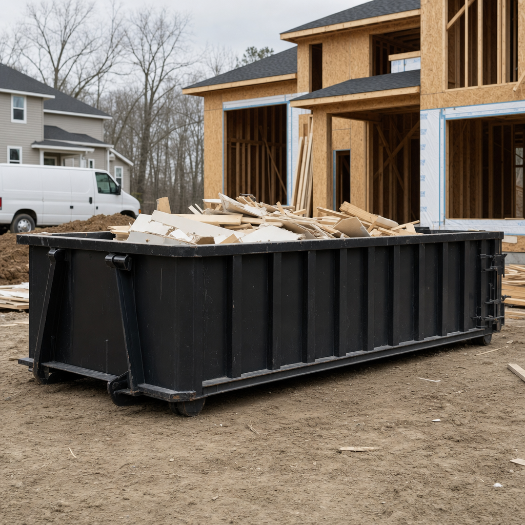 Worker in a yellow high-visibility vest tossing framing lumber and broken drywall into a matte-black 30-yard construction roll-off dumpster on an active build site in Newburgh, bright daylight