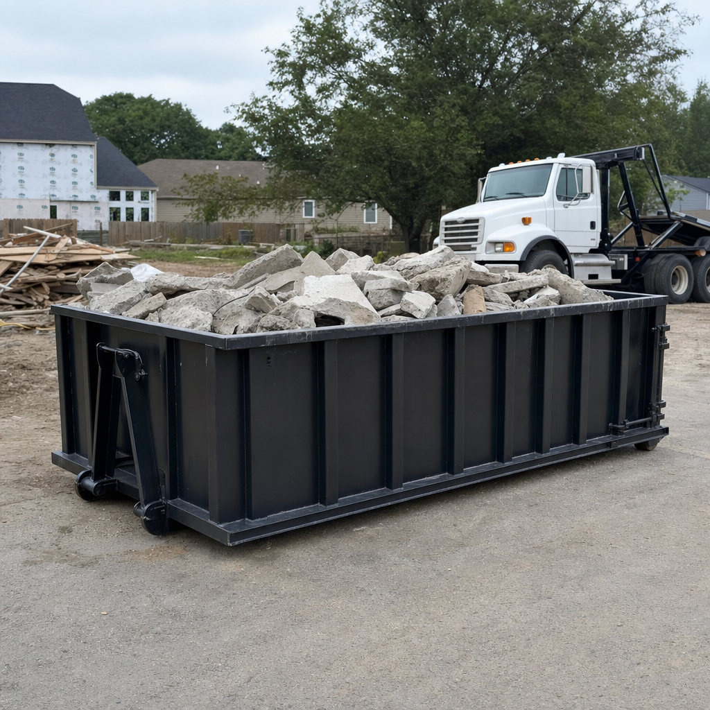 Low-profile matte-black lowboy roll-off dumpster loaded with broken concrete slab and rebar at a foundation tear-out in Newburgh, skid steer parked beside it, sunny Colorado morning