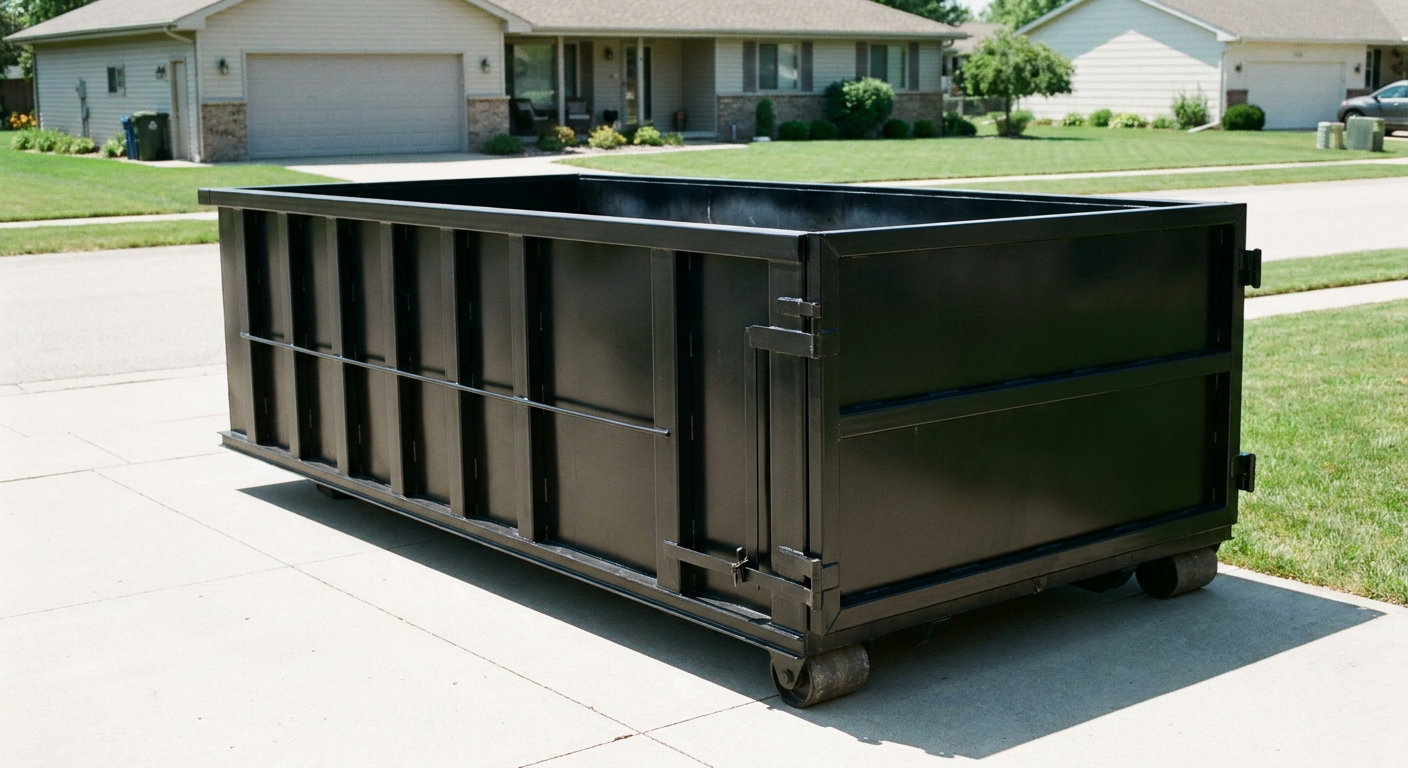 Matte-black 10-yard roll-off dumpster on a residential concrete driveway in Newburgh, uniformly painted matte black across every panel and rail, ribbed steel sidewalls and rear swing door visible, mid-day daylight.