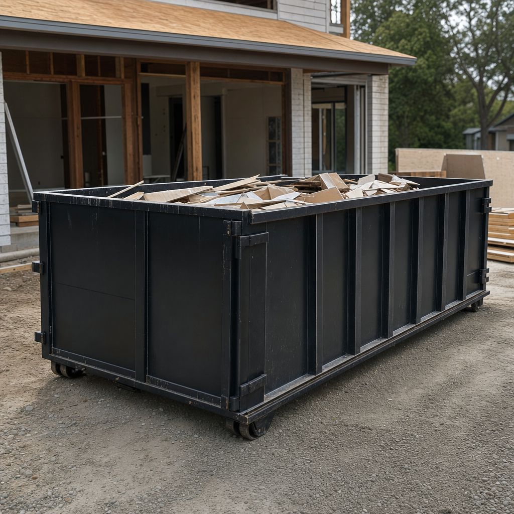 Large matte-black 30-yard construction roll-off dumpster at an active Newburgh jobsite, steel-gray top rails and bottom rollers visible, loaded with construction debris.