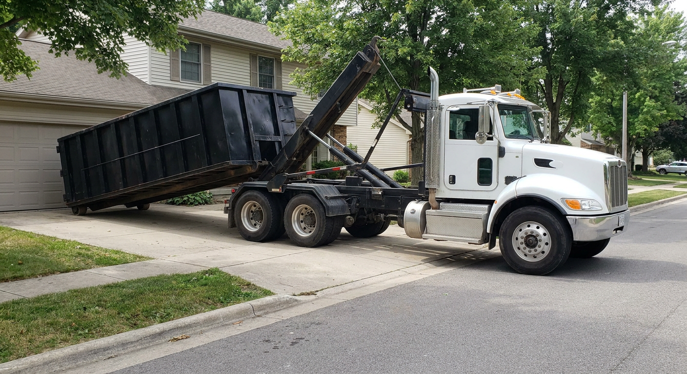 White-cab hooklift roll-off truck actively lowering a matte-black dumpster onto a Newburgh residential concrete driveway, the dumpster's rear wheels touching the driveway as the hoist arm tilts the bed forward, mid-morning daylight.
