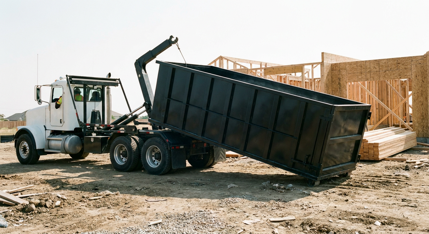 Matte-black roll-off dumpster being delivered onto a clean residential concrete driveway in Newburgh by an unmarked white hooklift hauler truck, bright morning daylight, documentary 35mm perspective.