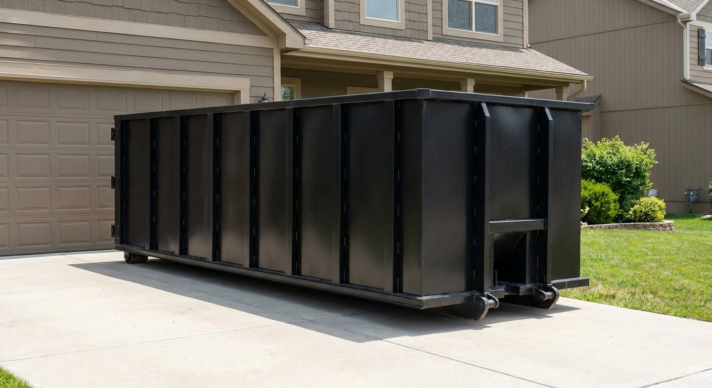 Matte-black residential roll-off dumpster sitting directly on a suburban Newburgh concrete driveway, garage door closed, single-family home in background, bright morning daylight.