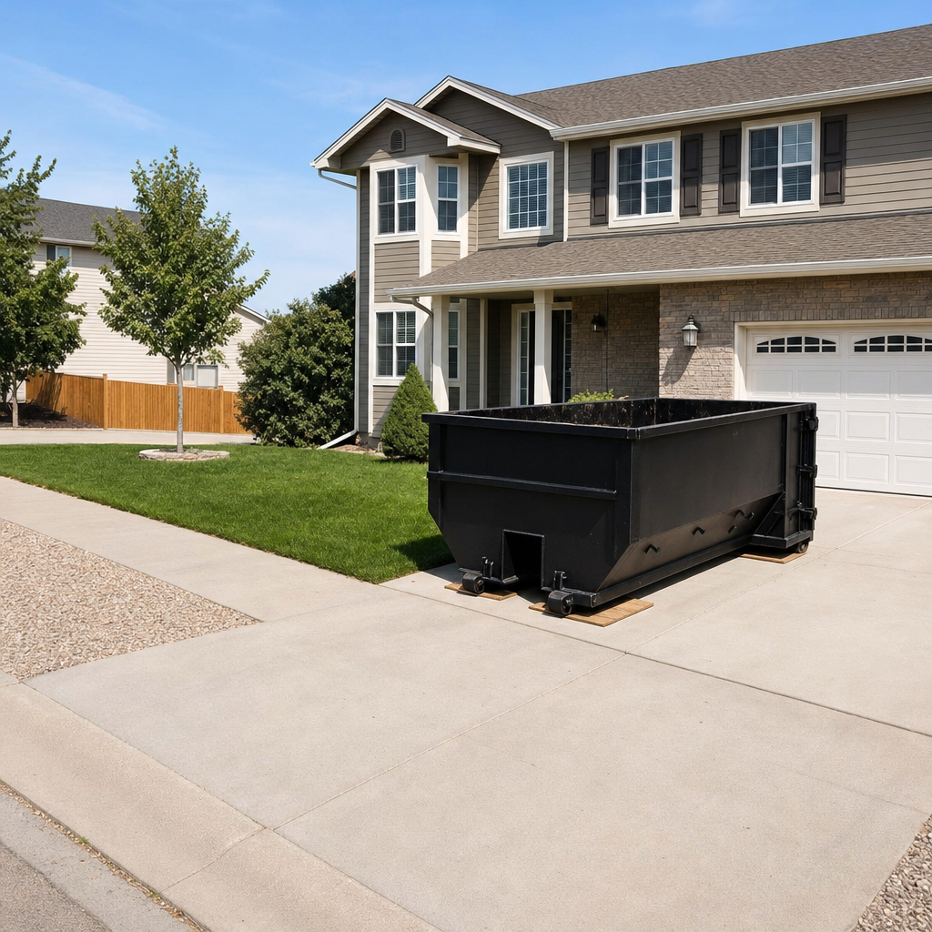10-yard matte-black residential dumpster placed directly on a narrow Newburgh concrete driveway, room remains for a parked sedan beside it, mid-morning natural light