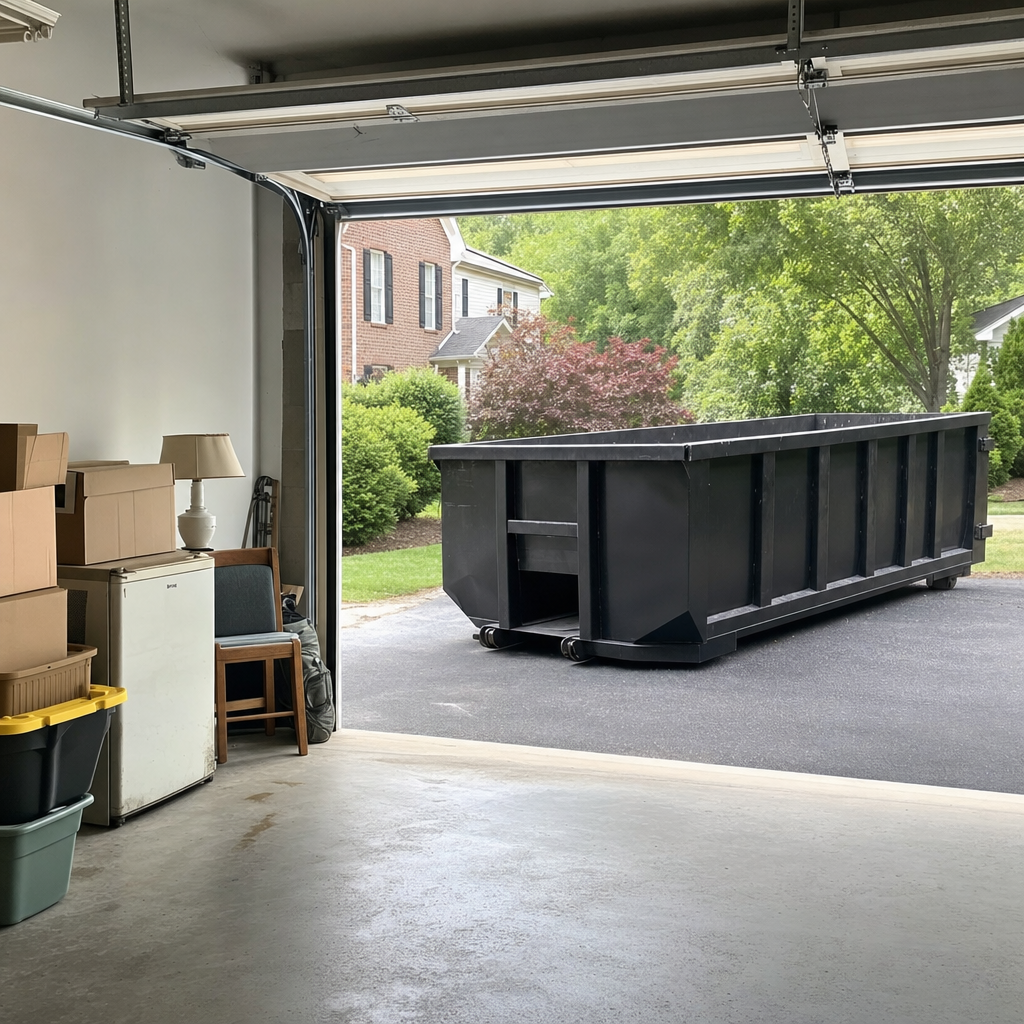 Open garage interior in a Newburgh home mid-cleanout — boxed items, an old appliance, and stacked yard tools queued near the driveway for a matte-black roll-off dumpster, organized and calm