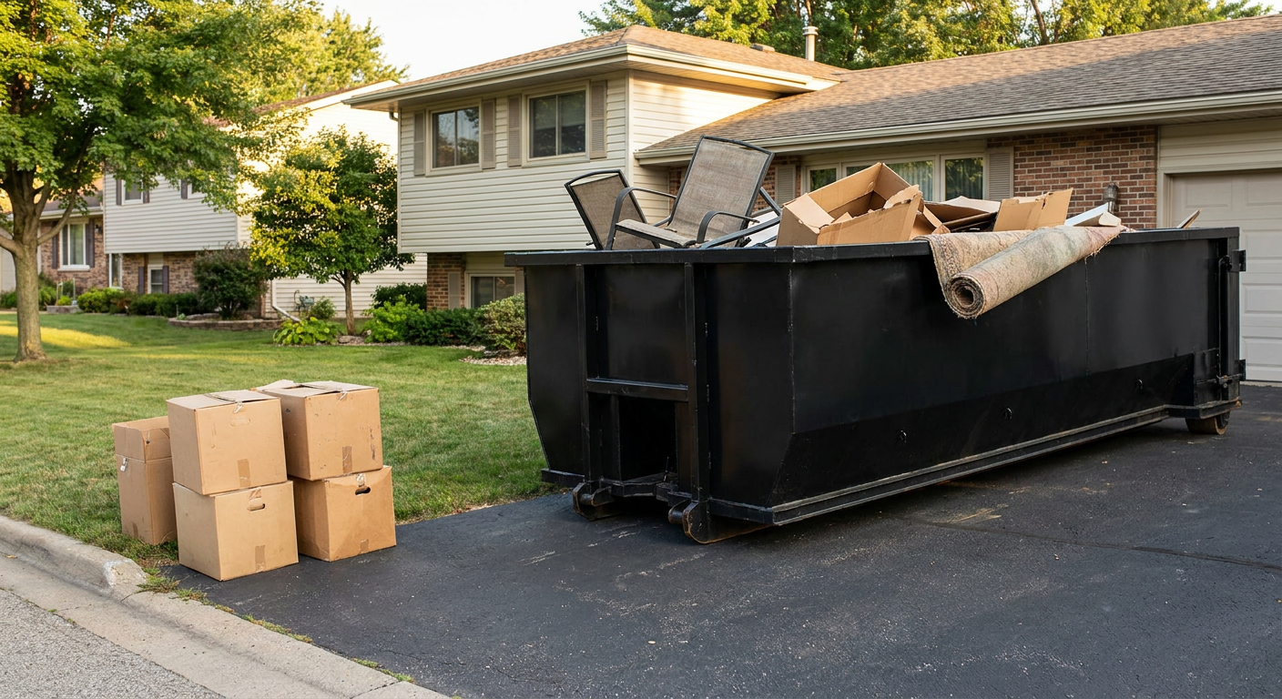 Front-yard view of a Newburgh split-level home with a 20-yard matte-black roll-off dumpster sitting directly on the asphalt driveway, a few clearly labeled donation boxes staged at the curb, calm sunny afternoon.