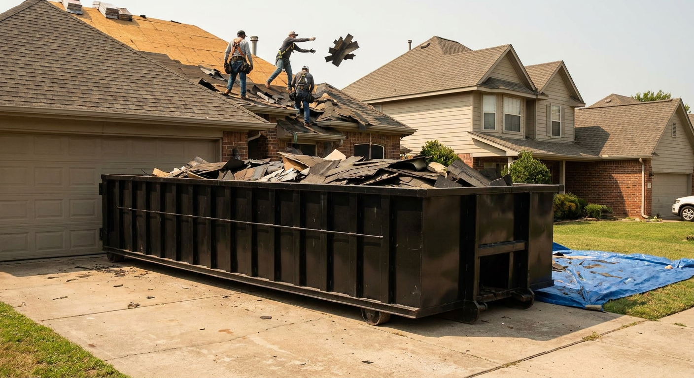 Matte-black roofing roll-off dumpster placed directly on a Newburgh residential concrete driveway, a tear-off crew on a two-story asphalt-shingle roof tossing shingle bundles into the low-walled container, bright daylight, documentary 35mm perspective.