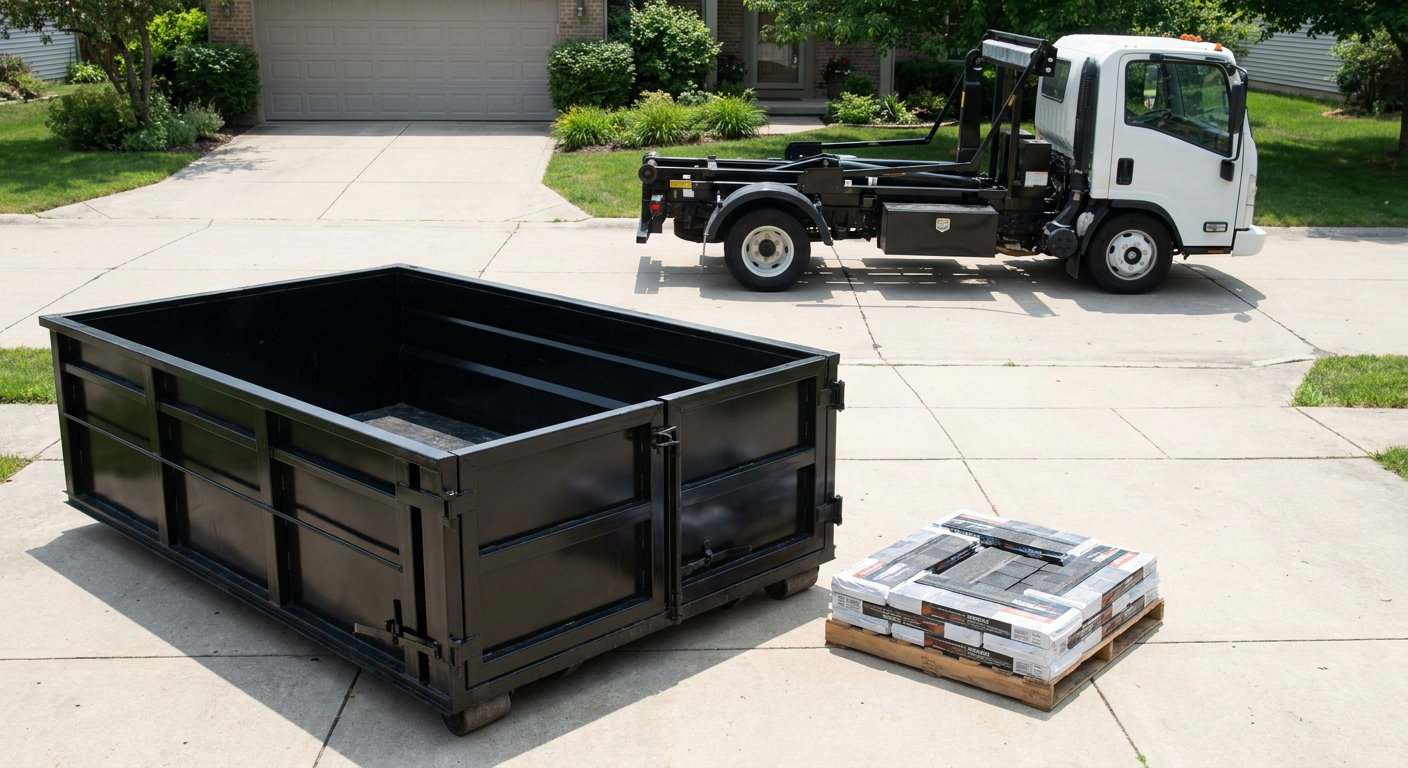 Matte-black 15-yard roofing roll-off dumpster with reinforced low side walls sitting directly on a Newburgh residential concrete driveway, three-tab asphalt shingle bundles stacked nearby, an unmarked white hauler truck partially visible at the edge of the frame.