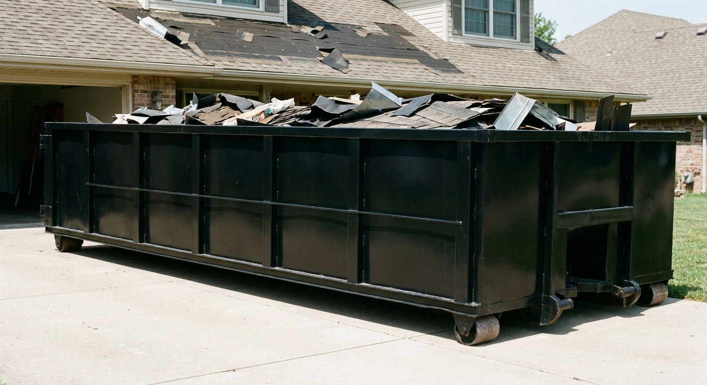 Matte-black 20-yard roofing roll-off dumpster with steel ribbed sides and swinging rear door, sitting directly on the concrete driveway of a two-story Newburgh home, asphalt shingle debris being loaded over the low wall, clean documentary lighting.