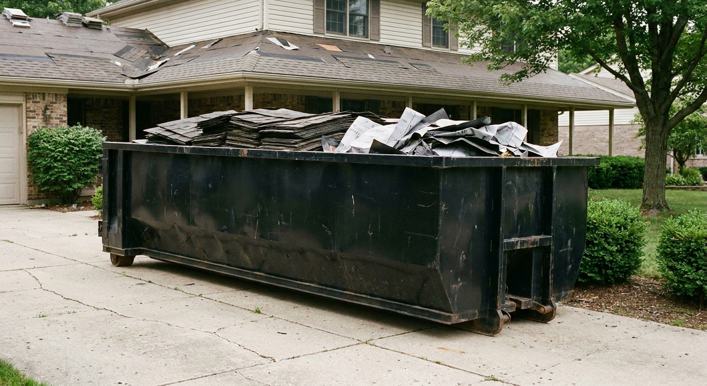 Matte-black 30-yard roofing roll-off dumpster sitting directly on a Newburgh concrete driveway, taller ribbed steel side panels, mixed tear-off debris of asphalt shingles and underlayment inside, professional documentary daylight.
