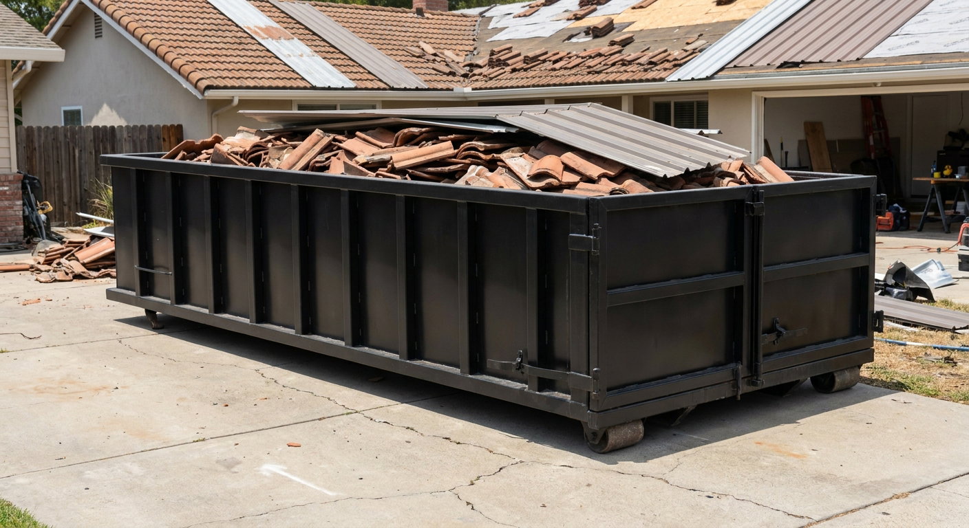 Matte-black low-wall heavy-debris roofing roll-off dumpster sitting directly on a Newburgh concrete driveway, broken concrete clay roof tiles and metal panel sections loaded inside, reinforced ribbed steel side walls visible, bright outdoor daylight.