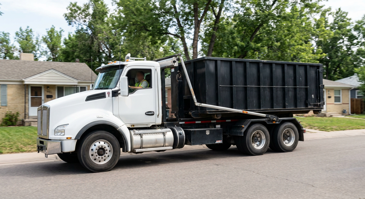 A wide documentary shot of a matte-black roll-off delivery truck pulling onto a quiet Newburgh residential street at mid-morning, with neighborhood rooftops and tree-lined blocks visible behind, showing the metro coverage footprint.