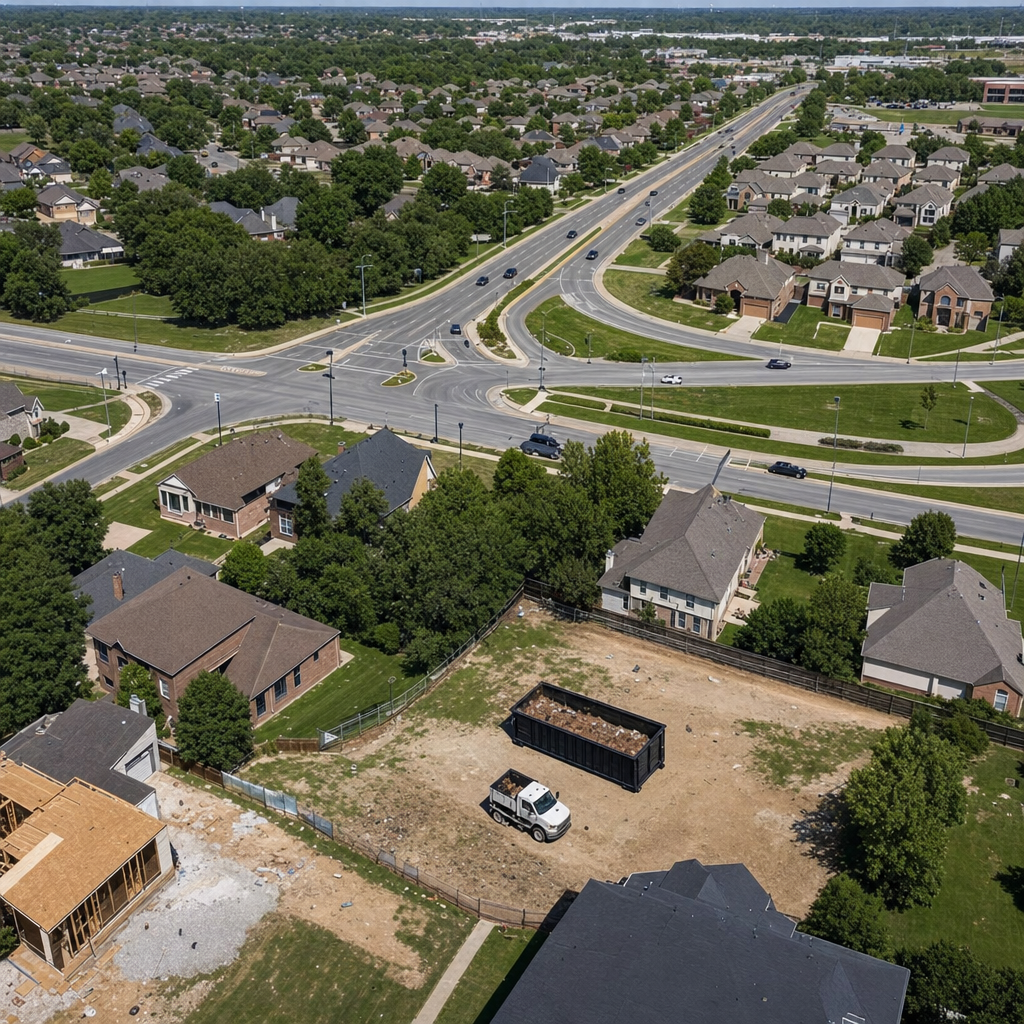 An overhead documentary view of the Newburgh metro area at midday, showing the spread of neighborhoods, arterial roads, and the dispatch radius from a central yard — clean daylight, organized geographic layout.