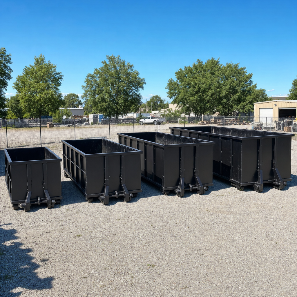 A clean lineup of matte-black roll-off dumpsters in 10, 20, 30, and 40-yard sizes staged on a sunlit gravel yard in Newburgh, showing the size progression from compact to commercial-scale containers.