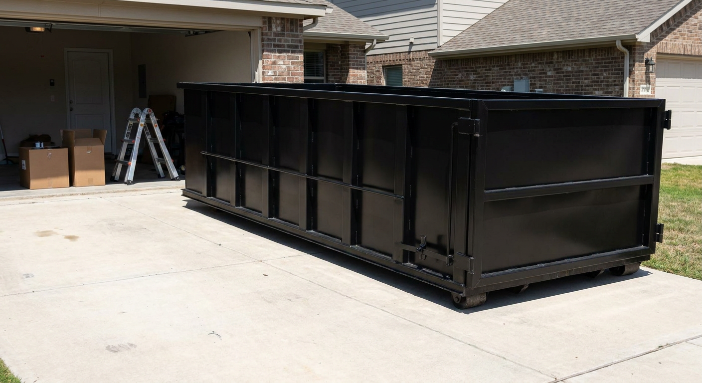 A matte-black 10-yard roll-off dumpster sitting directly on a residential Newburgh concrete driveway, mid-day sunlight, clean and ready for a garage cleanout.