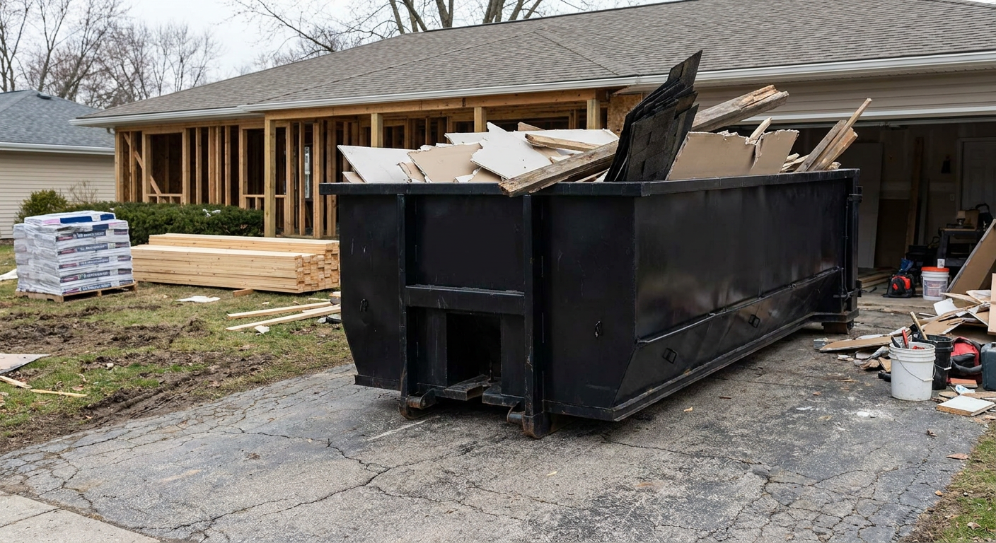A matte-black 20-yard roll-off dumpster placed alongside a mid-renovation Newburgh home directly on the asphalt driveway, with framing materials and torn-off shingles staged neatly nearby.