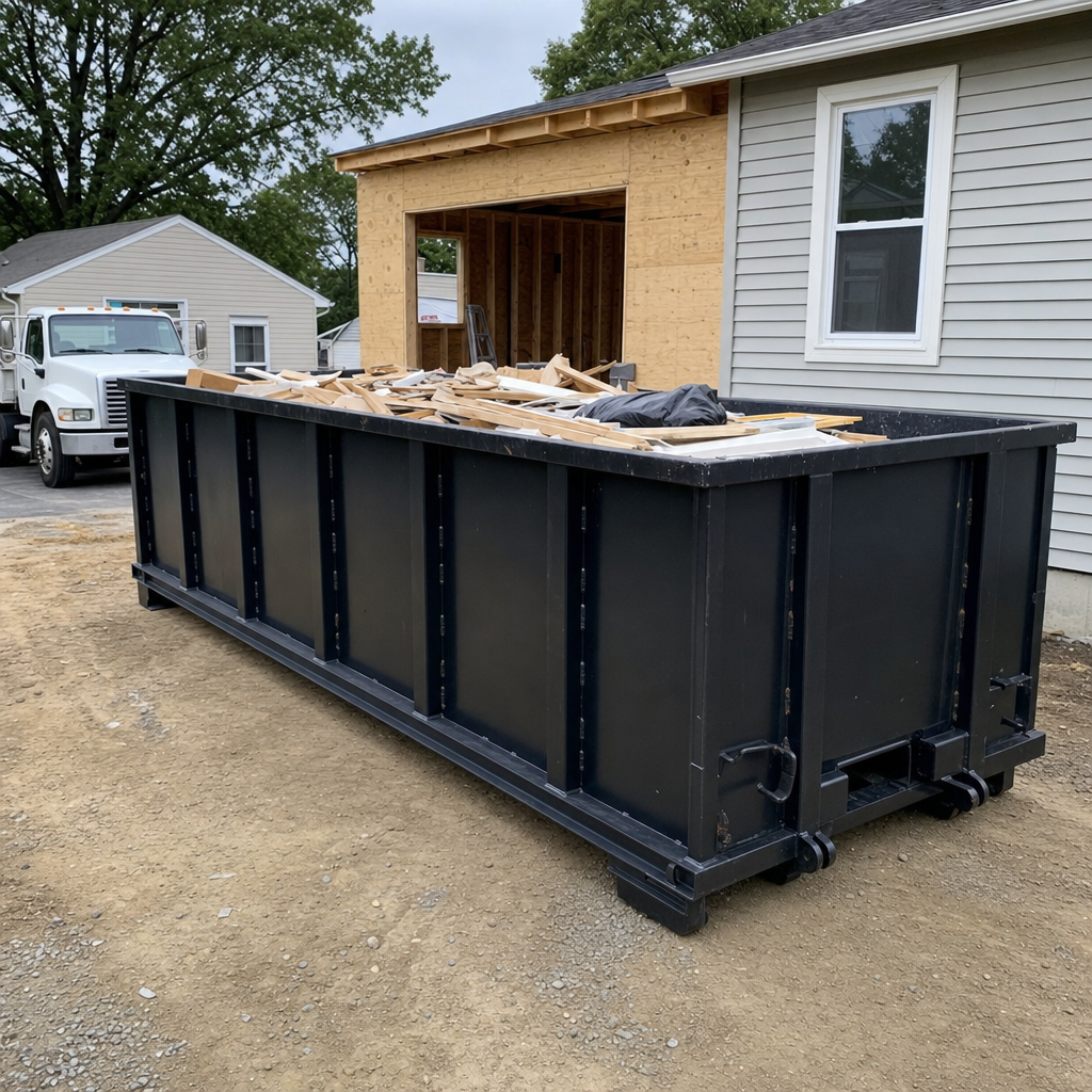 A matte-black 30-yard roll-off dumpster positioned at a Newburgh residential addition jobsite, with framing lumber and drywall scraps loaded through the open swinging rear doors.