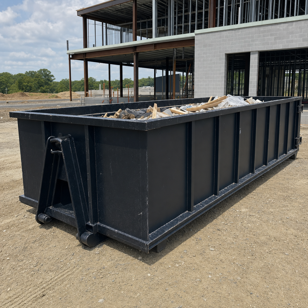 A matte-black 40-yard roll-off dumpster staged on a large Newburgh commercial construction lot, with a hooklift delivery truck parked alongside under bright midday sky.