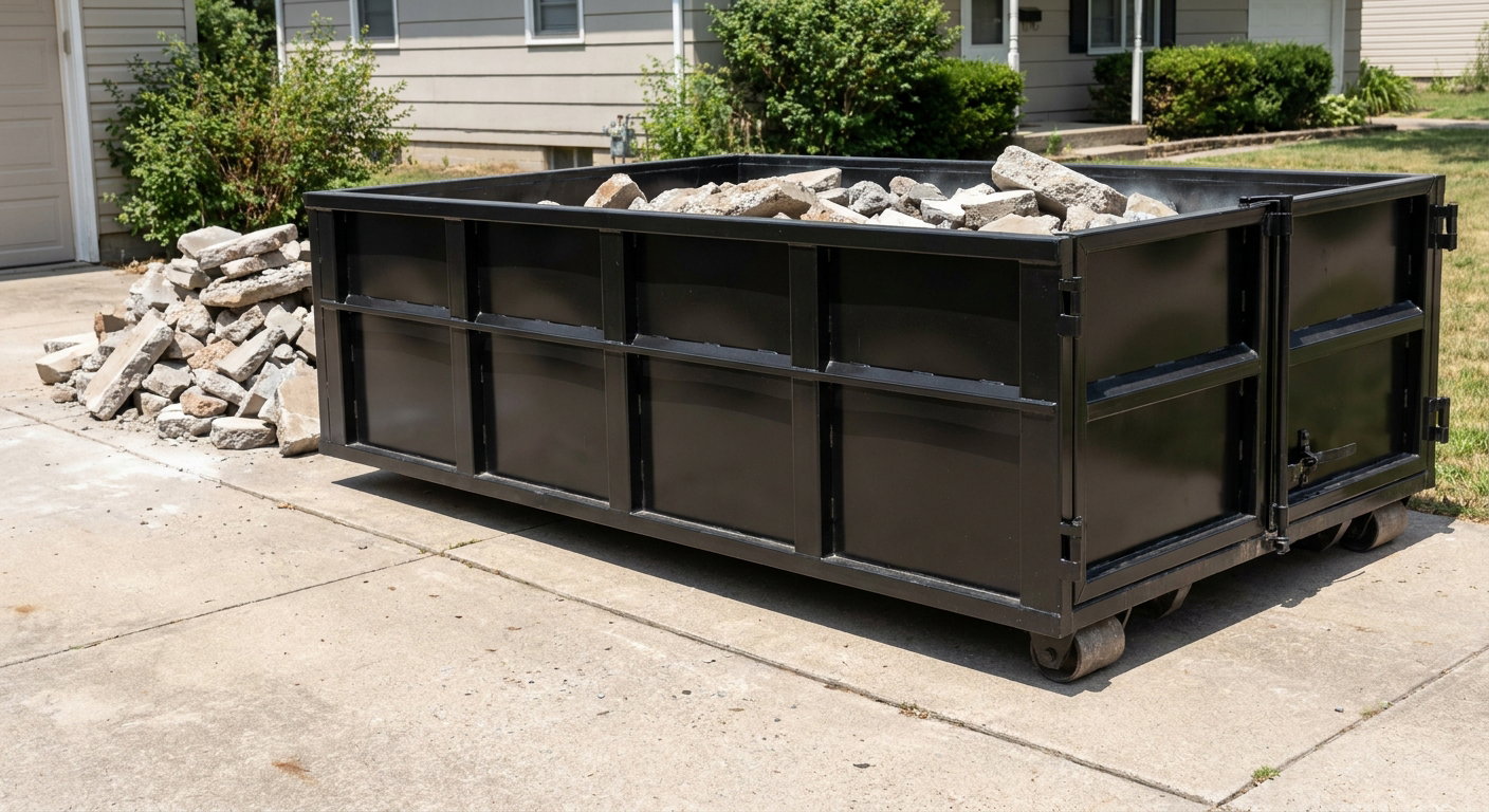 A matte-black low-side heavy-debris roll-off dumpster placed directly on a Newburgh concrete driveway, with broken concrete chunks neatly stacked beside it under clean daylight.